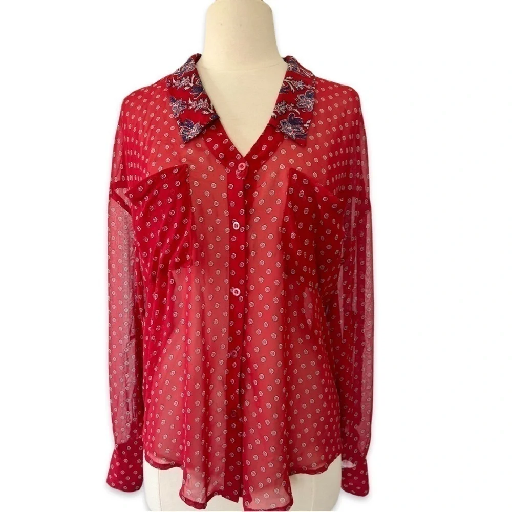 Free people Printed floral Blouse sheer Easy Rider Button-down in Red Combo